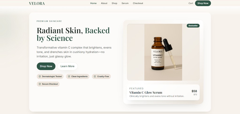 Velora skincare website homepage
