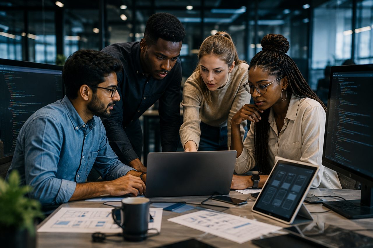 A product team reviewing application screens, wireframes, and code together at a shared desk.