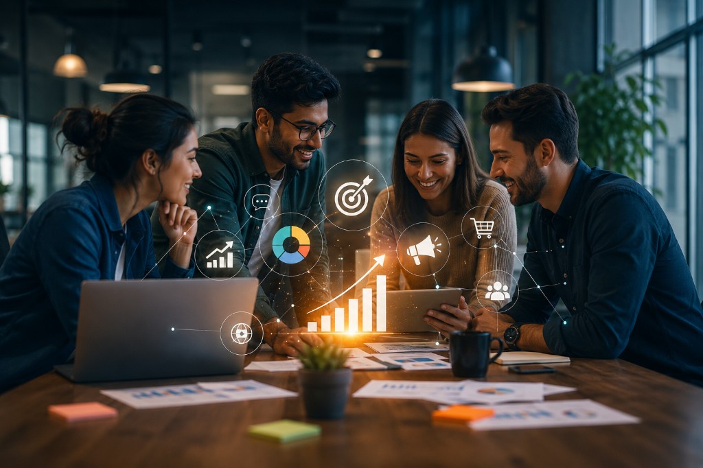 A marketing team reviewing campaign performance together, with analytics, targeting, and channel icons overlaid.