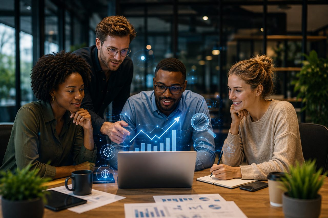A team reviewing search performance together, with growth charts and search icons overlaid.